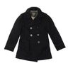 Dark peacoat with notch lapels and double-breasted button front, long sleeves