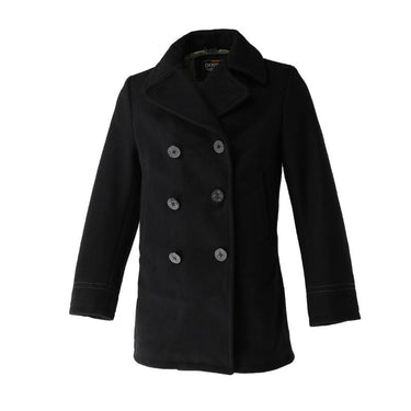 Dark peacoat with raised collar and double-breasted button closure, long sleeves