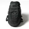 Black tactical backpack with MOLLE webbing front, padded back panel, top handle