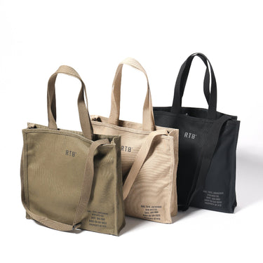 Three tote bags in beige, brown, and black with 'RTB' branding on a white background.