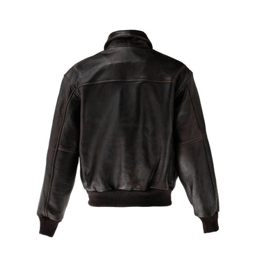 A-2 leather pilot jacket, dark back view with ribbed hem and waistband cuffs