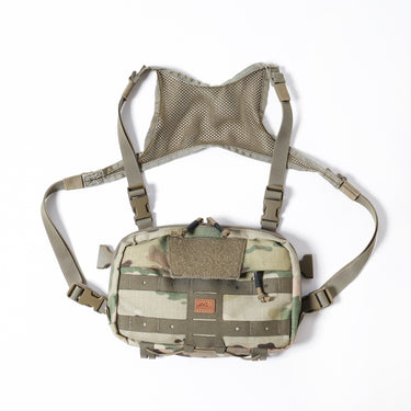 Small tactical chest pack, tan with multicam front panel, MOLLE straps