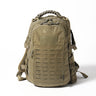 Tan tactical backpack with front ventilation cutouts and side strap attachments