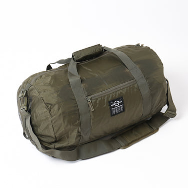 Packable 45L duffle bag, olive color, zip front pocket and webbing shoulder strap