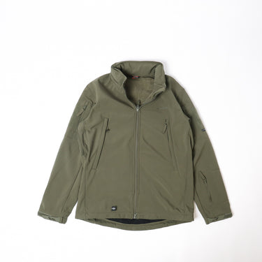 Olive softshell jacket with full-zip front and stand collar hood