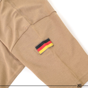 Tan sleeve patch with German flag stripes on tropical T-shirt