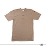 Tan tropical T-shirt front view with small chest print and sleeve flag patches