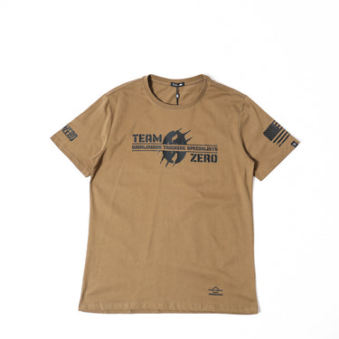 Tan crew-neck T-shirt with TEAM ZERO training graphic on front