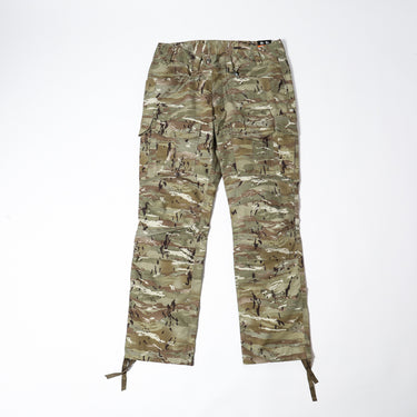 Multicolor camo combat pants with cargo pockets and drawcord hem tabs
