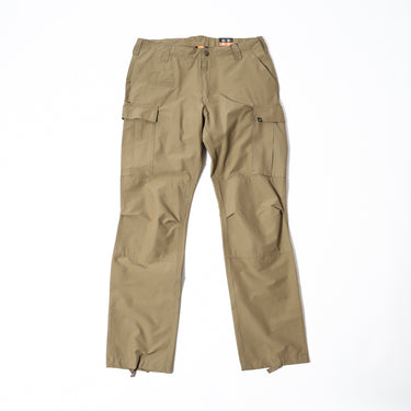 Khaki BDU-style cargo pants with belt loops, button closure, and multiple flap pockets.