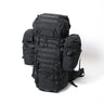 Black 65L tactical backpack with MOLLE webbing, side pouches, and compression straps