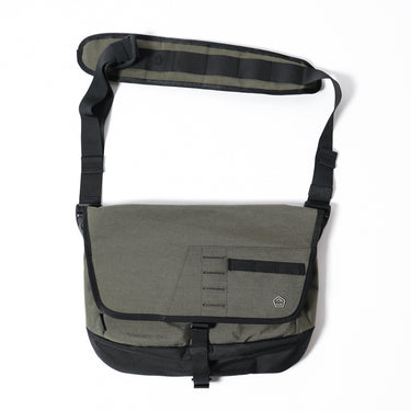 Gray-green side messenger bag with front flap pocket and adjustable shoulder strap