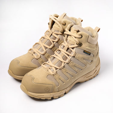 Desert tan 6in trekking boots, lace-up with padded collar and rugged rubber outsole.