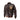 Brown leather bomber jacket with stand collar, front zip, and tiger crest patch