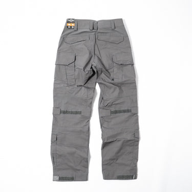 Wolf grey tactical cargo pants, front view with zip fly and stacked side pockets