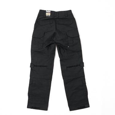 Black combat cargo pants with belt loops and large front flap pockets
