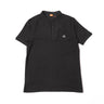 Black henley shirt with buttoned placket, short sleeves, small chest logo