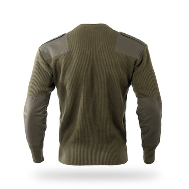 Olive drab wool pullover back view with gray shoulder panels