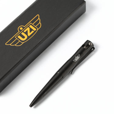 Black tactical bolt-action pen with UZI logo and top clip.