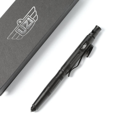 Black tactical pen with box-cutter, beside logo-printed box