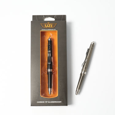 Tactical glassbreaker pen in gunmetal, with textured grip and glassbreaker tip