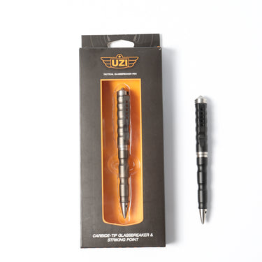 UZI tactical glassbreaker pen in retail box, shown with a black pen