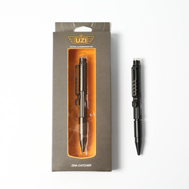 Tactical aluminum defender pen in retail box, black pen with textured grip and clip