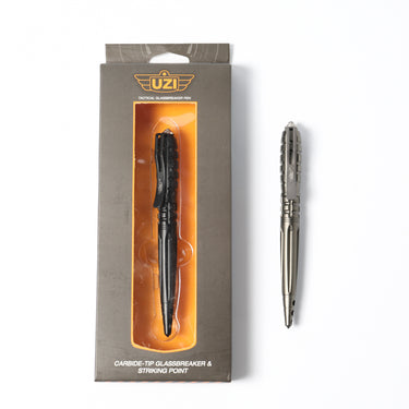 UZI tactical defender pen in black with striking point, shown with retail box
