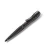 Black tactical pen with glassbreaker and striking point, ridged grip and pocket clip