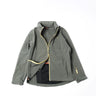Gray escape jacket with gold zipper, stand collar, and interior mesh lining