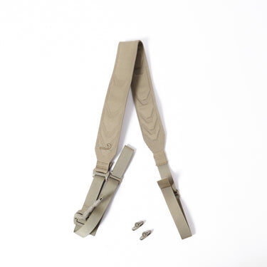 Coyote tan rifle sling with metal buckles and attachment hardware