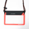 Phone sling pocket in orange and black with clear front window and side clip loops