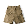 Khaki cargo shorts with elastic waist and side cargo pockets