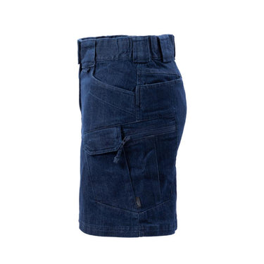 Dark blue denim skirt with vertical seams and side patch pocket