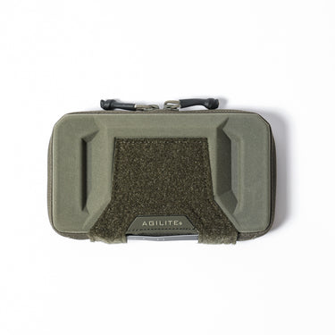 Ranger green fabric phone pouch with zip top and front loop panel with side tabs
