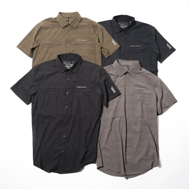 Assorted short-sleeve ripple button-up shirts in black, midnight blue, green, grey, and tan
