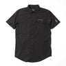 Black short-sleeve ripple button-up shirt with chest pockets and logo patch