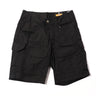 Cargo shorts, black with cargo flap pockets and button waist