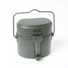 Olive drab mess kit pot with lid, bail handle, and latch front