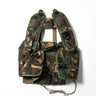 Camouflage load-bearing vest with front harness straps and multiple buckle fasteners