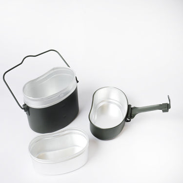 Olive drab 3-piece mess kit: two pots and a cup, with lids