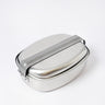 Stainless steel mess kit with hinged lid and carry strap, silver finish