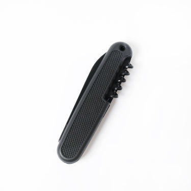 Black pocket knife with textured grip handle and partially open blade
