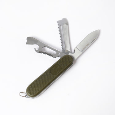 Olive drab folding pocket knife open with multiple silver blades and tools