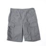 Wolf grey cargo shorts with button waistband and multiple side utility pockets