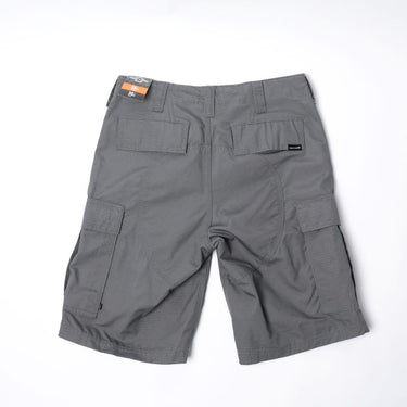 Wolf grey BDU cargo shorts with back patch pockets and drawstring waist.