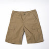 Coyote tan cargo shorts with multiple flap pockets and straight waistband