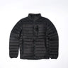 Black puffer down jacket with full-zip front and stand collar