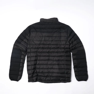 Black puffer down jacket, back view with horizontal quilting and stand collar