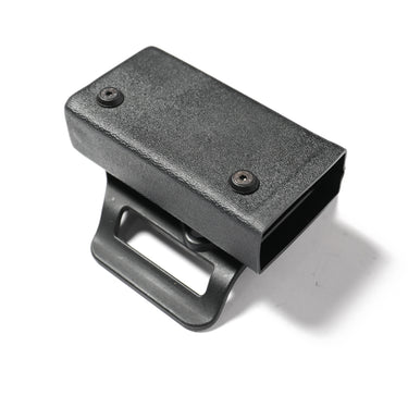 Black magazine pouch with belt loop, textured molded body and mounting screws